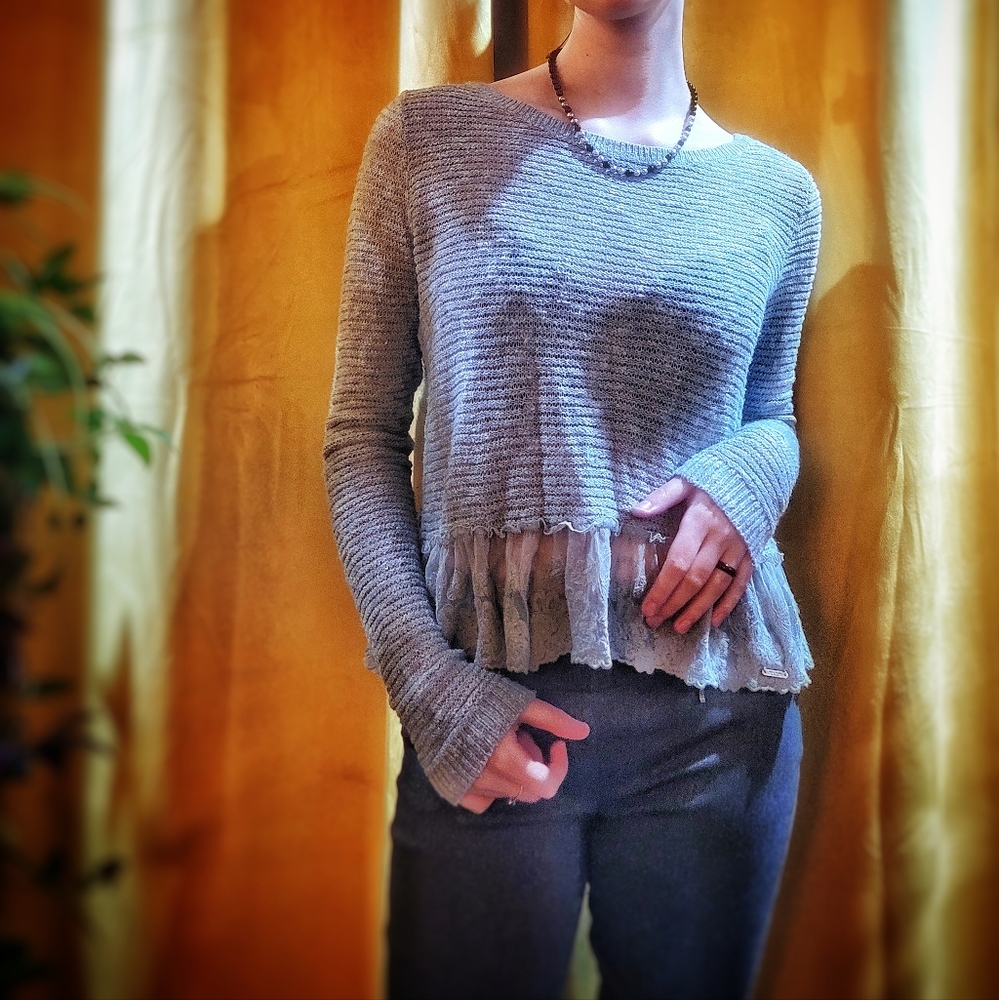 Abercrombie Lace Trim Loose Knit Crochet Sweater, Gray, Medium